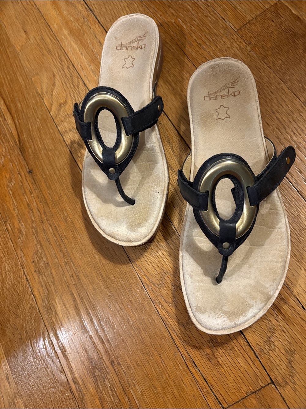 Dansko Black Leather Thong Sandals with Gold Accent